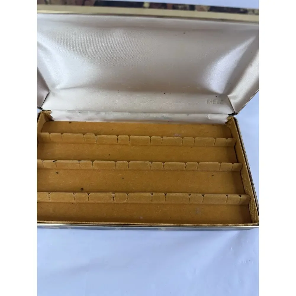 Mele Vintage Brown Tortoise Print Vinyl Covered Clam Shell Jewelry Box. Size 9x5